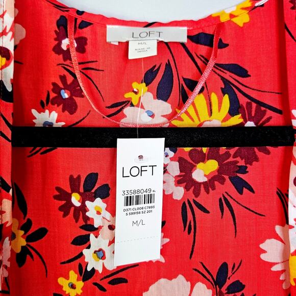 New LOFT Duster Wrap Kimono Red Floral Lightweight Summer Layering M/L Boho - Picture 7 of 11